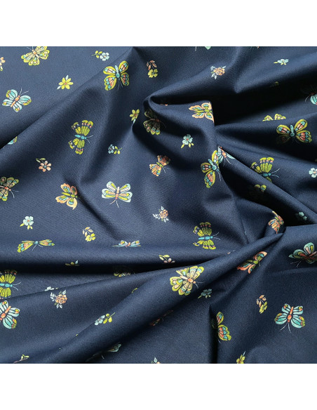 Tissu, Popeline de Coton Papillons, Bleu Marine, Laize 140 cm, 100% Coton 115g/m²