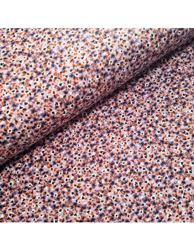Tissu, French Terry gratté Petites Fleurs, Fond Mauve, Laize 150 cm, Coton Stretch Oeko-Tex