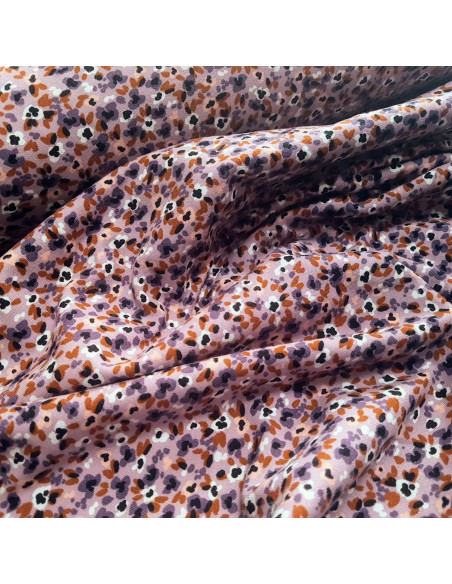 Tissu, French Terry gratté Petites Fleurs, Fond Mauve, Laize 150 cm, Coton Stretch Oeko-Tex