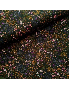 Tissu, French Terry Imprimé Fleurs, Fond Noir, Laize 145 cm, Coton Stretch Oeko-Tex