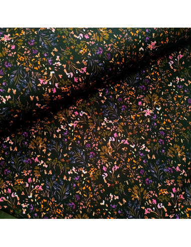 Tissu, French Terry Imprimé Fleurs, Fond Noir, Laize 145 cm, Coton Stretch Oeko-Tex