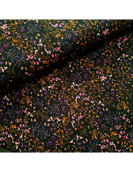 Tissu, French Terry Imprimé Fleurs, Fond Noir, Laize 145 cm, Coton Stretch Oeko-Tex
