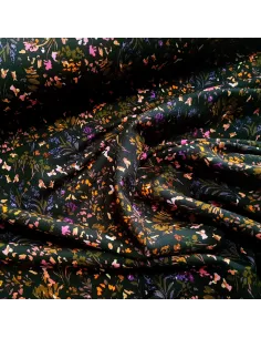 Tissu, French Terry Imprimé Fleurs, Fond Noir, Laize 145 cm, Coton Stretch Oeko-Tex 2
