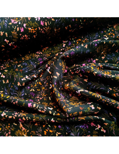 Tissu, French Terry Imprimé Fleurs, Fond Noir, Laize 145 cm, Coton Stretch Oeko-Tex