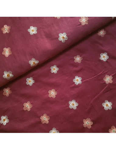 Tissu, Velours Milleraies Fleuri, Prune, Fleurs Roses & Blanches, Laize 145 cm, 100% Coton 217.5g/ml