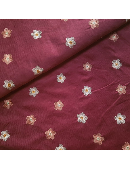 Tissu, Velours Milleraies Fleuri, Prune, Fleurs Roses & Blanches, Laize 145 cm, 100% Coton 217.5g/ml