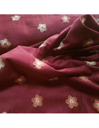 Tissu, Velours Milleraies Fleuri, Prune, Fleurs Roses & Blanches, Laize 145 cm, 100% Coton 217.5g/ml