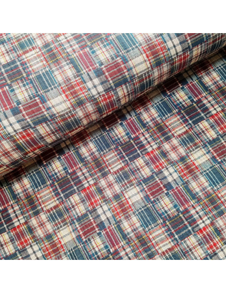 Tissu, Double Gaze Carreaux, Bleu et Rouge, Laize 135 cm, 100% Coton 162g/ml