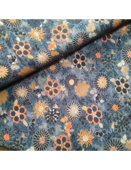 Tissu, Viscose Fleurie, Marine, Laize 140 cm, 100% Viscose 154g/m²