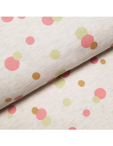 Tissu, Sweat Imprimé Bulles Glitter, Roses Vertes sur Beige Chiné, Laize 140 cm, 60% Coton 40% Polyester