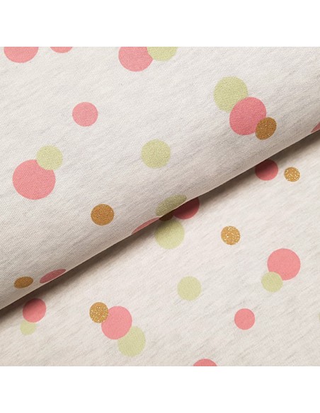 Tissu, Sweat Imprimé Bulles Glitter, Roses Vertes sur Beige Chiné, Laize 140 cm, 60% Coton 40% Polyester