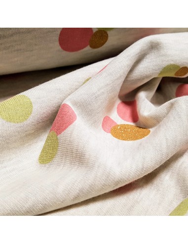 Tissu, Sweat Imprimé Bulles Glitter, Roses Vertes sur Beige Chiné, Laize 140 cm, 60% Coton 40% Polyester