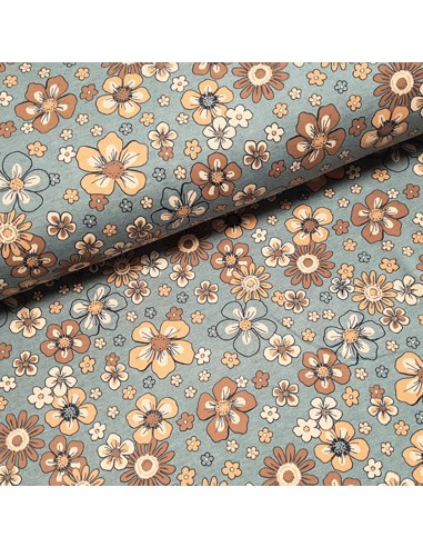 Tissu, Jersey de Coton Imprimé Fleurs, Bleu Chiné Collection Flowers, Laize 150 cm, Coton Polyester Spandex Oeko-Tex