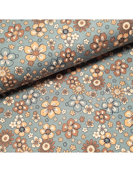Tissu, Jersey de Coton Imprimé Fleurs, Bleu Chiné Collection Flowers, Laize 150 cm, Coton Polyester Spandex Oeko-Tex