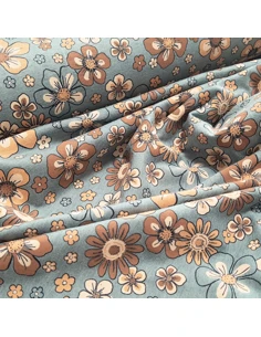 Tissu, Jersey de Coton Imprimé Fleurs, Bleu Chiné Collection Flowers, Laize 150 cm, Coton Polyester Spandex Oeko-Tex 2