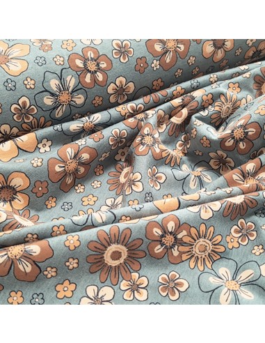 Tissu, Jersey de Coton Imprimé Fleurs, Bleu Chiné Collection Flowers, Laize 150 cm, Coton Polyester Spandex Oeko-Tex
