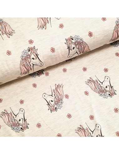 Tissu, Jersey de Coton Imprimé Chevaux Fleuris, Beige Clair Scintillant, Laize 150 cm, Coton Stretch Oeko-Tex