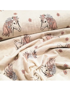 Tissu, Jersey de Coton Imprimé Chevaux Fleuris, Beige Clair Scintillant, Laize 150 cm, Coton Stretch Oeko-Tex 2