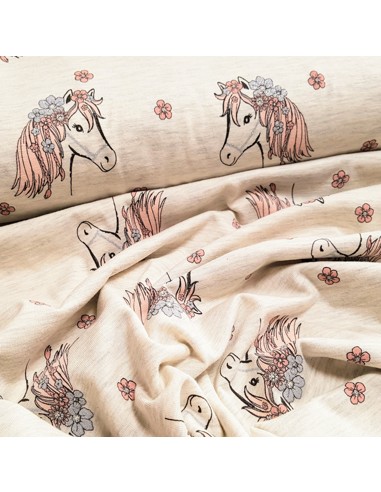 Tissu, Jersey de Coton Imprimé Chevaux Fleuris, Beige Clair Scintillant, Laize 150 cm, Coton Stretch Oeko-Tex