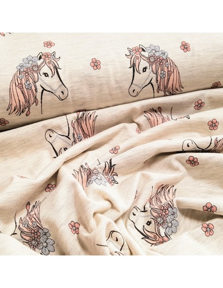 Tissu, Jersey de Coton Imprimé Chevaux Fleuris, Beige Clair Scintillant, Laize 150 cm, Coton Stretch Oeko-Tex