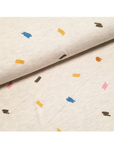 Tissu, Jersey de Coton Imprimé Couleurs et Lurex, Fond Beige Clair Doré, Laize 150 cm, Coton Stretch Oeko-Tex