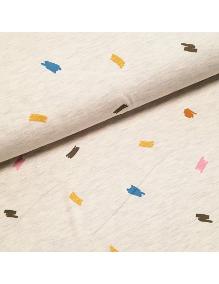 Tissu, Jersey de Coton Imprimé Couleurs et Lurex, Fond Beige Clair Doré, Laize 150 cm, Coton Stretch Oeko-Tex