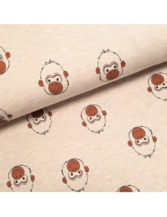 Tissu, Jersey de Coton Imprimé Têtes de Singes, Beige Clair Jungle, Laize 150 cm, Coton Polyester Spandex Oeko-Tex