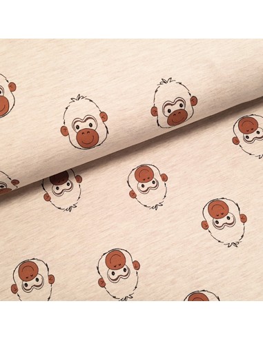 Tissu, Jersey de Coton Imprimé Têtes de Singes, Beige Clair Jungle, Laize 150 cm, Coton Polyester Spandex Oeko-Tex