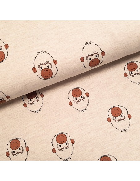 Tissu, Jersey de Coton Imprimé Têtes de Singes, Beige Clair Jungle, Laize 150 cm, Coton Polyester Spandex Oeko-Tex