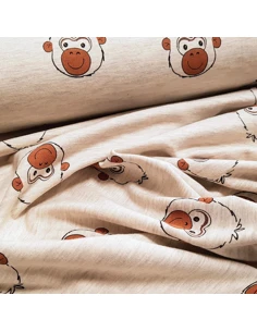 Tissu, Jersey de Coton Imprimé Têtes de Singes, Beige Clair Jungle, Laize 150 cm, Coton Polyester Spandex Oeko-Tex 2