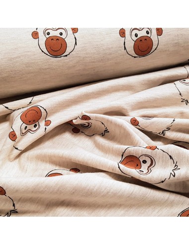 Tissu, Jersey de Coton Imprimé Têtes de Singes, Beige Clair Jungle, Laize 150 cm, Coton Polyester Spandex Oeko-Tex