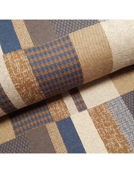 Tissu, Lainage Carreaux, Bleu et Beige, Laize 145 cm, 60% Coton 37% Polyester 3% Elasthanne