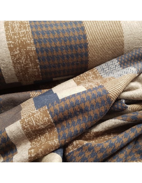 Tissu, Lainage Carreaux, Bleu et Beige, Laize 145 cm, 60% Coton 37% Polyester 3% Elasthanne