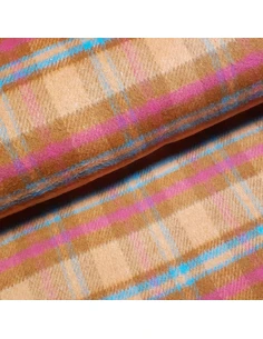 Tissu, Lainage Carreaux, Orange Rose & Bleu, Laize 140 cm, 100% Polyester 546g/ml