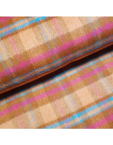 Tissu, Lainage Carreaux, Orange Rose & Bleu, Laize 140 cm, 100% Polyester 546g/ml