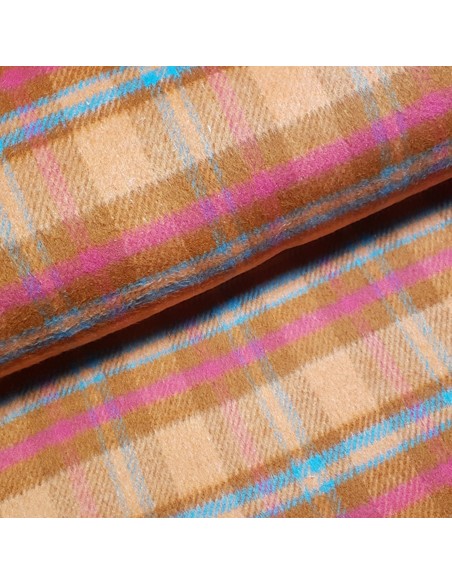 Tissu, Lainage Carreaux, Orange Rose & Bleu, Laize 140 cm, 100% Polyester 546g/ml
