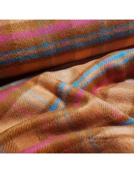 Tissu, Lainage Carreaux, Orange Rose & Bleu, Laize 140 cm, 100% Polyester 546g/ml