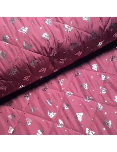 Tissu, Matelassé Papillons Argentés, Bois de Rose, Laize 135 cm, 100% Polyester OEKO-TEX