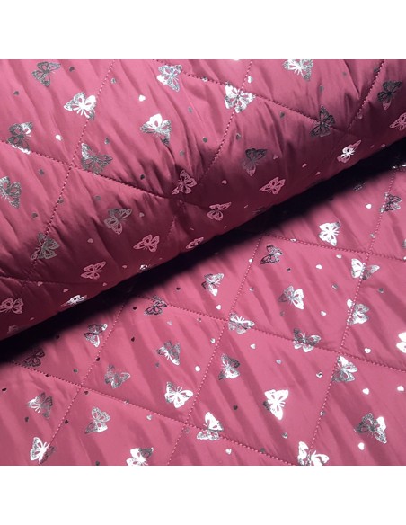 Tissu, Matelassé Papillons Argentés, Bois de Rose, Laize 135 cm, 100% Polyester OEKO-TEX