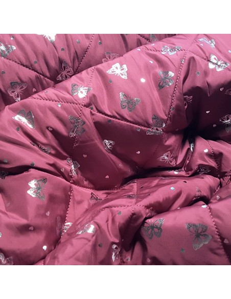 Tissu, Matelassé Papillons Argentés, Bois de Rose, Laize 135 cm, 100% Polyester OEKO-TEX