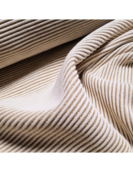 Tissu, Matelassé Rayures Dorées, Écru et Doré, Laize 150 cm, Coton Lurex