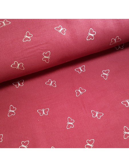 Tissu, Velours Milleraies Papillons Argentés, Bois de Rose, Laize 145 cm, 100% Coton