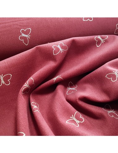Tissu, Velours Milleraies Papillons Argentés, Bois de Rose, Laize 145 cm, 100% Coton