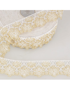 Ruban dentelle fleurs, 33mm, blanc et beige