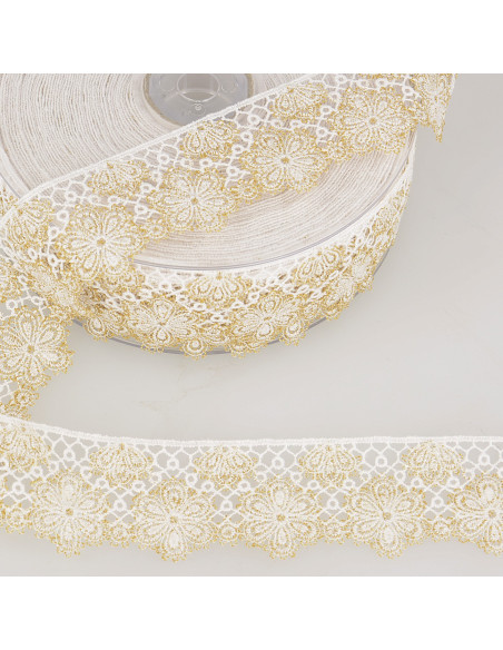 Ruban dentelle fleurs, 33mm, blanc et beige