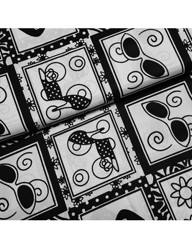 Tissu, Popeline de Coton Motifs Graphiques, Noir et Blanc, Laize 115 cm, 100% Coton