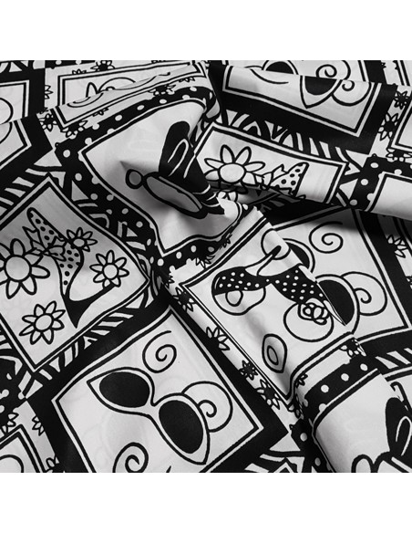 Tissu, Popeline de Coton Motifs Graphiques, Noir et Blanc, Laize 115 cm, 100% Coton