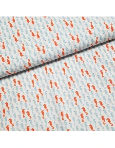 Tissu, Popeline de Coton Hippocampes, Blanc, Laize 160 cm, 100% Coton 115g/m²