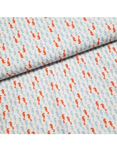 Tissu, Popeline de Coton Hippocampes, Blanc, Laize 160 cm, 100% Coton 115g/m²