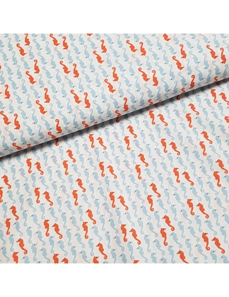 Tissu, Popeline de Coton Hippocampes, Blanc, Laize 160 cm, 100% Coton 115g/m²